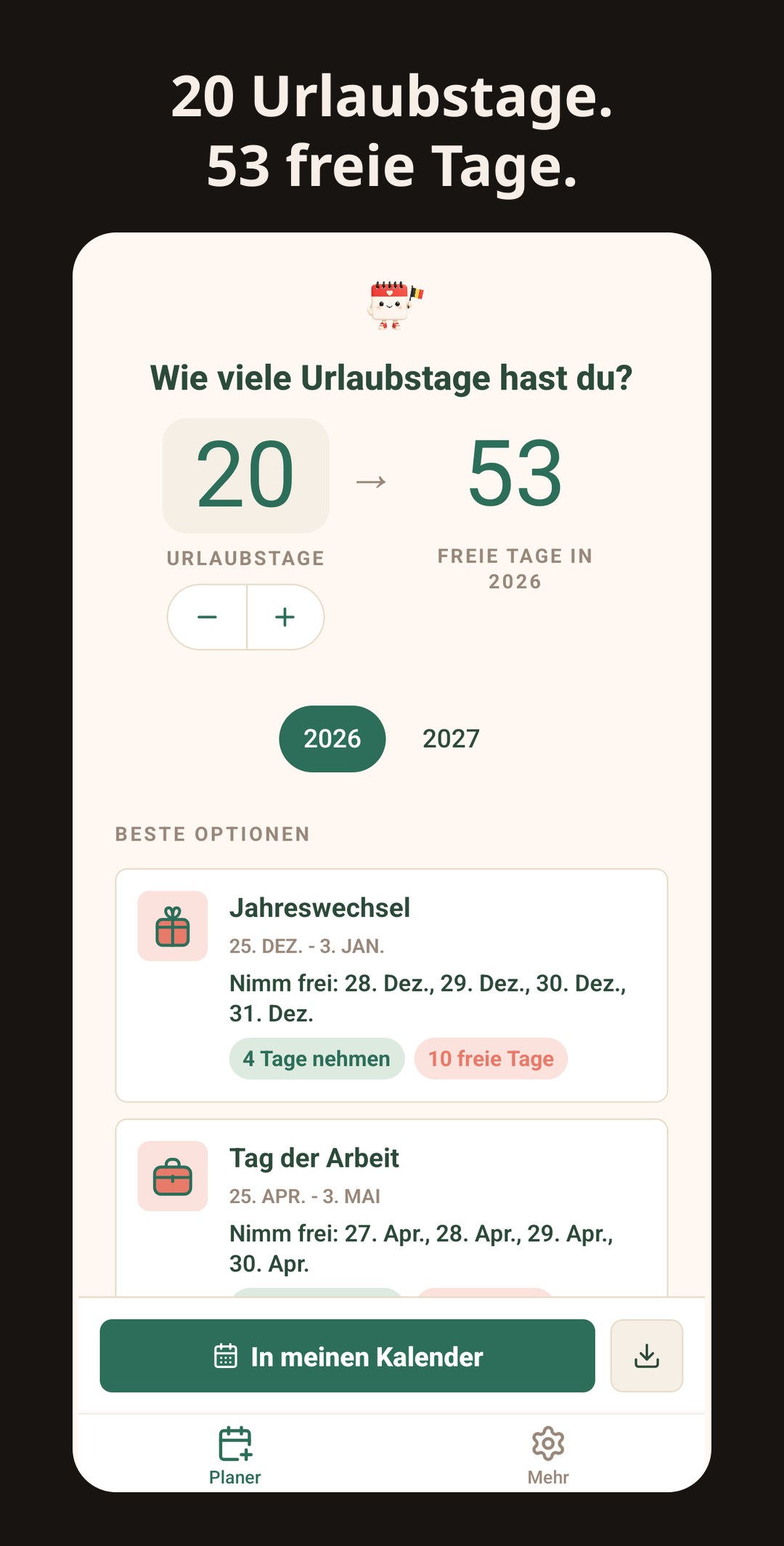 Urlaub-in-Belgien-App: Planer mit Feiertagen und Brückentagen