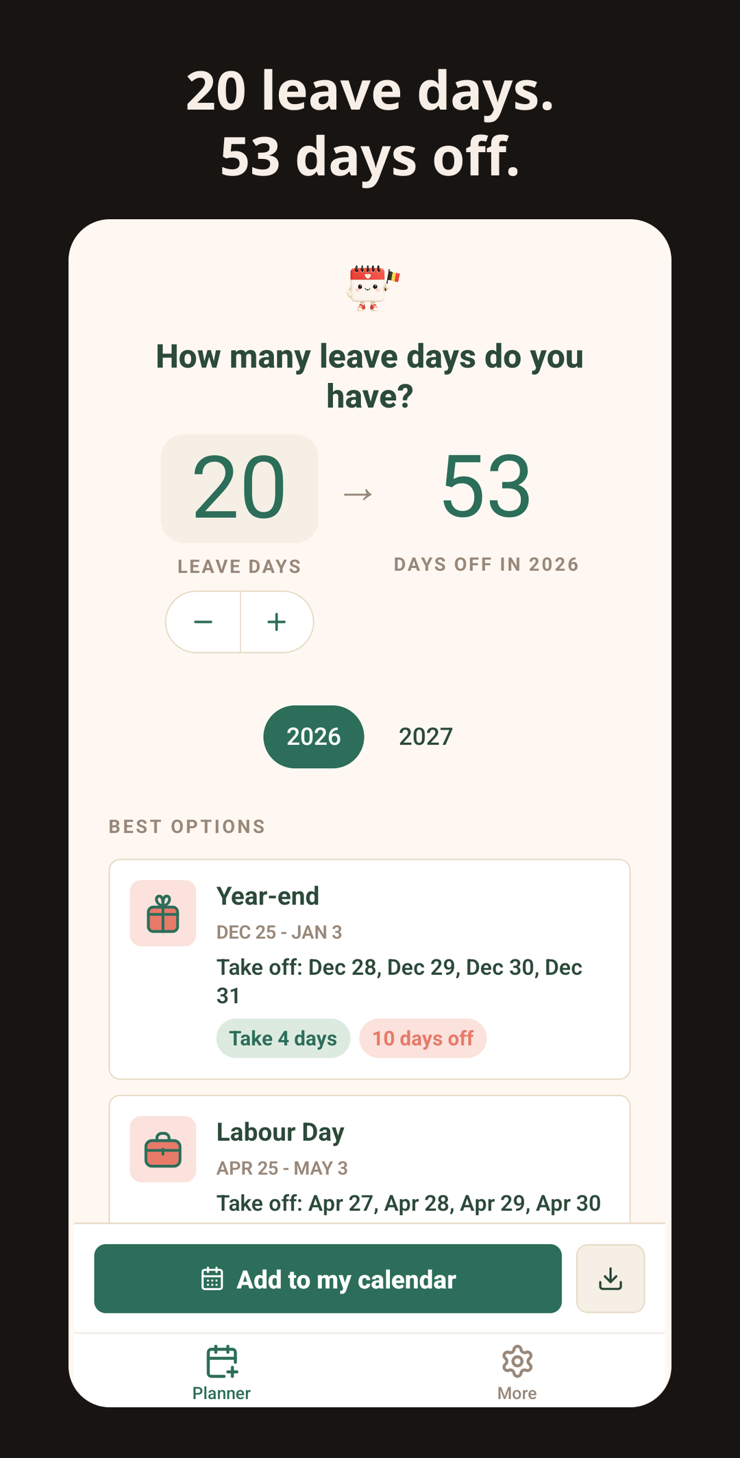 Leave in Belgium app: planner with holidays and bridge days