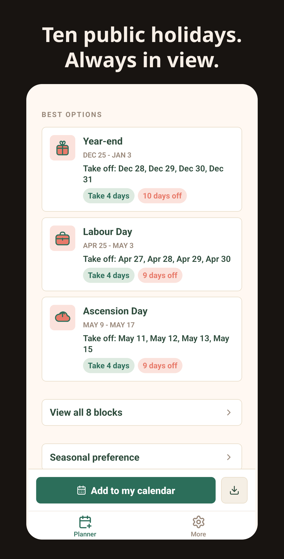 Leave in Belgium app: bridge-day recommendations
