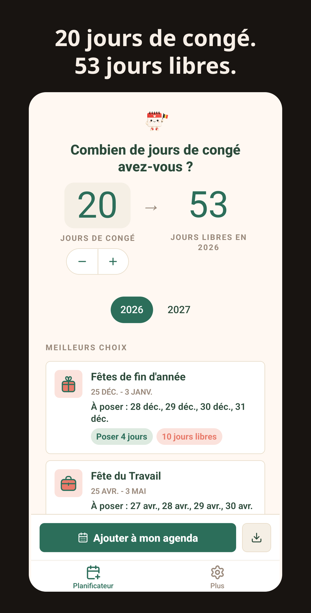 App Congés en Belgique: planificateur avec jours fériés et ponts