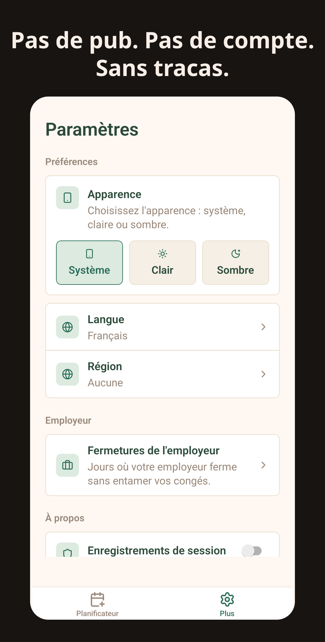 App Congés en Belgique: options et paramètres